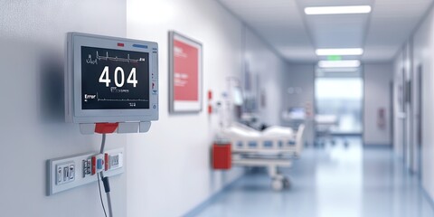 vital signs monitor, hospital room, modern, clean, "404 Error" text on screen