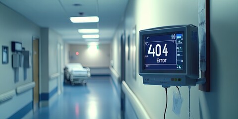 vital signs monitor, hospital room, modern, clean, "404 Error" text on screen