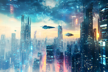 Fototapeta premium Futuristic Cityscape Illustration with Flying Vehicles