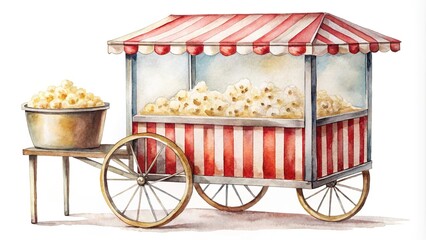 watercolor popcorn cart illustration with white background