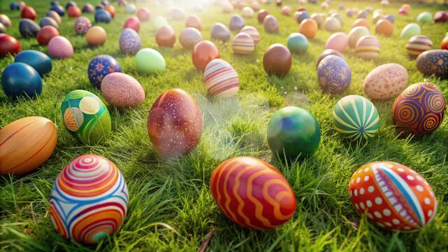 dozens of eggs with different motifs on the grass to commemorate Happy Easter Monday