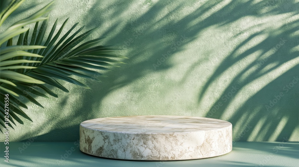 Aufkleber 3D background featuring a stone display podium set against a soft green backdrop with palm shadows Ideal for showcasing beauty cosmetics in a tropical setting Studio rendered summer platform templ