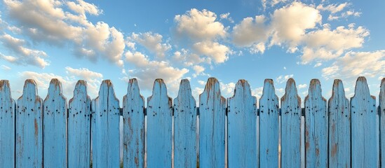 Blue wooden picket fence against a blue sky with white clouds.