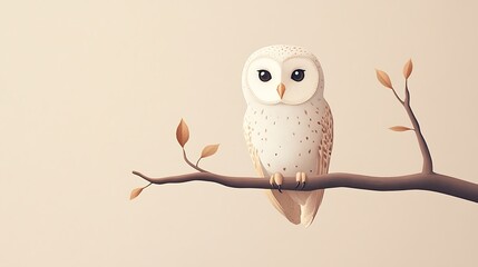 Fototapeta premium Geometric owl illustration with a circular head and oval body, perched on a single curved branch, set against a neutral beige background. Smooth edges and no shading, clean vector art style,