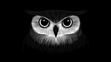 Line art minimalist owl illustration with emphasis on negative space, smooth curves and sharp lines for eyes and beak, set against a solid black background. Design focuses on balance and form,