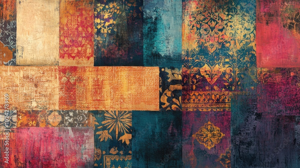 Poster Abstract painting featuring Ajrakh patterns block print designs and batik motifs in a digital textile background