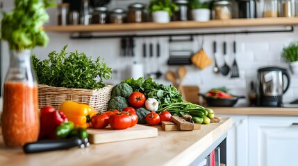 Bright and airy modern kitchen interior with fresh vegetables herbs and other produce neatly arranged on the clean minimalist countertop creating a clean healthy and inviting culinary atmosphere