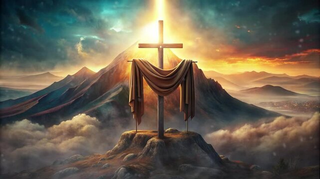 holy saturday cross on top of mountain with cloth on the cross and white smoke below