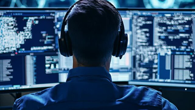 A person wearing headphones sits at a computer, working late into the night