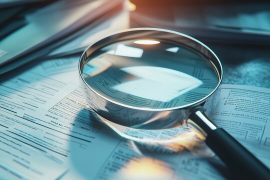 A magnifying glass hovers over papers, uncovering concealed fraud and deception.