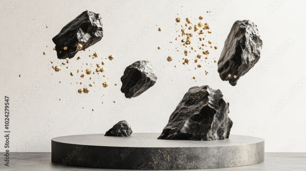 Aufkleber 3D render of an abstract background featuring black rock cobblestone ruins and golden nuggets in a floating arrangement Minimalist display with an empty podium for showcasing products