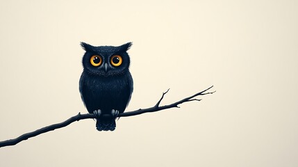 Fototapeta premium Minimalist illustration of an owl perched on a single thin branch, set against a plain white background. Owl design features smooth curves and simple shapes, with large circular eyes and a small beak,