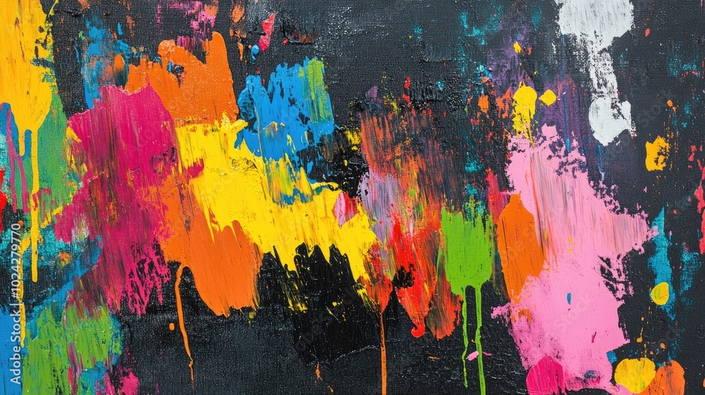 Poster abstract painting featuring paint stains on a dark background showcasing a painted matte texture in 