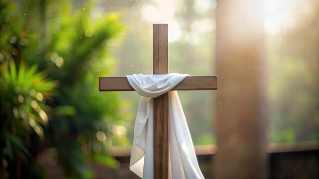 good friday theme cross with blur plant background and shining sun