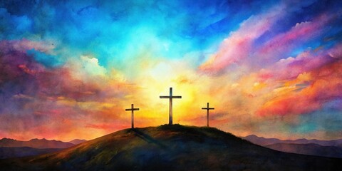 Obraz premium Watercolor style art of three crosses on hill, colorful sky, minimalist