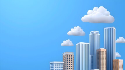 Fototapeta premium Sleek towering modern skyscrapers with glass and steel facades reaching skyward against a clear blue background Iconic urban cityscape showcasing progress innovation and corporate development