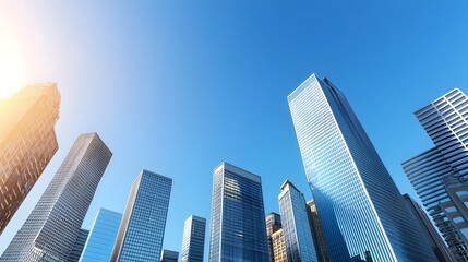 Fototapeta premium Magnificent modern skyscrapers reaching up towards the clear blue sky symbolizing the growth progress and prosperity of the bustling urban metropolis