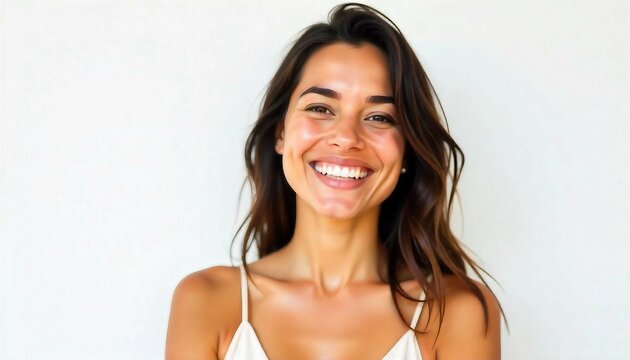 Portrait of a young Latina woman with a bright smile, isolated against a plain white background.