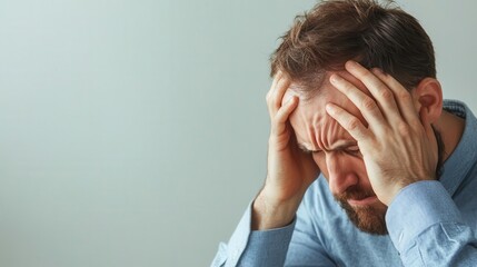 Man sitting with his head in his hands, overwhelmed by emotional stress, soft natural light, ultrarealistic detail of facial tension and emotional strain