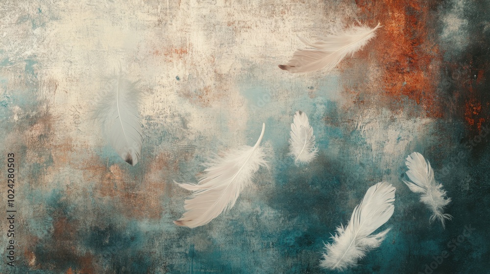 Poster Abstract artwork featuring floating feathers against a textured background suitable for print wallpaper photo wallpaper or murals