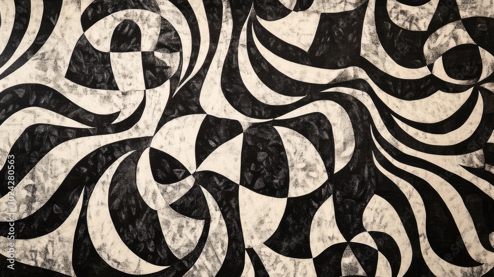 Poster artwork featuring an ornament designed with black and white patterns
