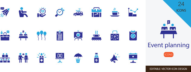 Event planning icon set . containing  Conference, Meeting, Seminar, Workshop, timeline, staffing and more solid design