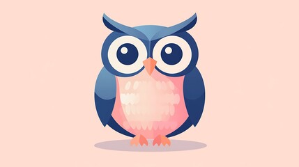 Obraz premium Minimalist owl composed of basic geometric shapes like circles and ovals, with no additional details or textures, set against a soft pastel background. Smooth and clean lines, flat illustration style,