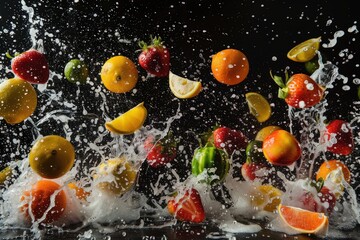 A splash of water is falling on a table with a variety of fruits, generative ai image