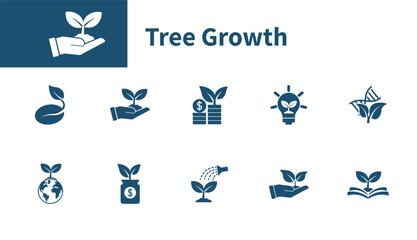 Sapling icon. Set of solid vector icons on the theme of growth, tree, hand, finance business, development, environment.