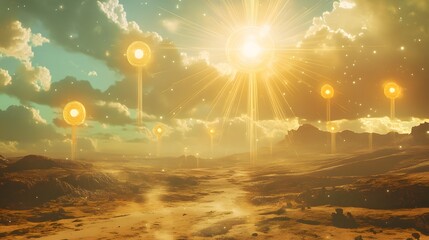 Golden Lights in a Desert Landscape with a Bright Sun
