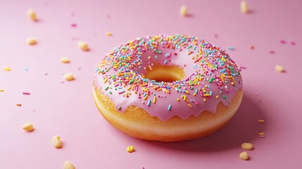 Pink frosted donut with colorful sprinkles on a pink background.