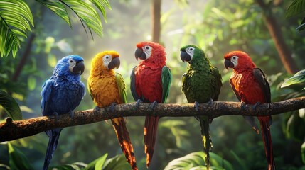 Obraz premium Colorful Tropical Birds Perched on Branches in Rain