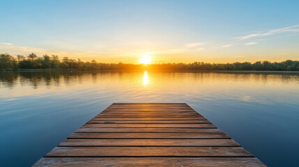 Obraz premium Serene Lakeside View with Wooden Dock and Sunset