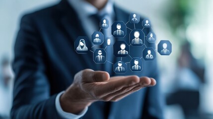 A business professional holds a digital network of interconnected people icons.