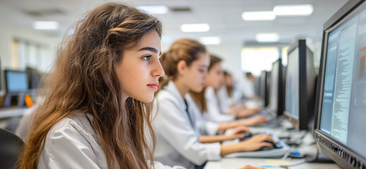 Obraz premium Students Focused in Computer Lab on Their Screens