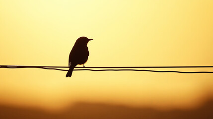 Silhouette of Bird Perched on Wire at Sunset