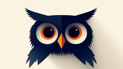 Fototapeta premium Minimalist owl face design using only two circles for eyes and a triangle for the beak, set against a muted beige background. Clean and simple shapes, no textures, flat colors, hd quality,