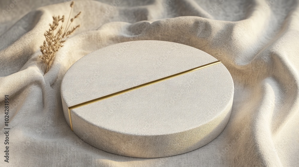 Poster 3D rendering of a minimalist product display featuring a circular podium with a gold line on textured fabric viewed from above ideal for luxury cosmetic photography