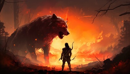 hunter with a bow facing a giant wolf