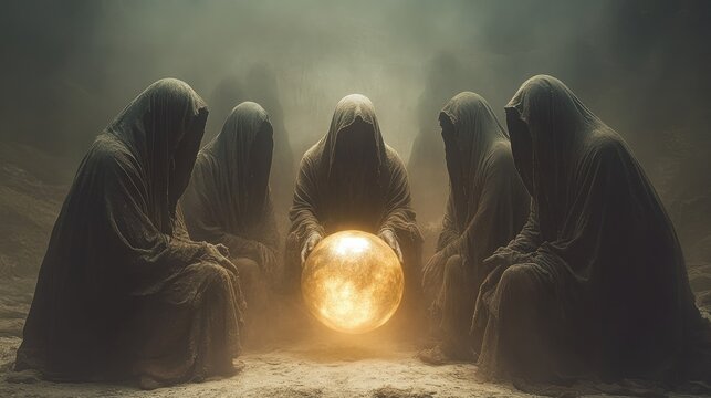 Five hooded figures in a circle around a glowing orb in a misty, desolate landscape.