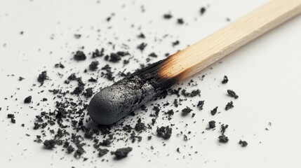A burnt matchstick glowing faintly with scattered ashes, isolated on a white background, representing mental exhaustion and the toll of stress