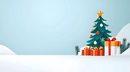 Festive winter holidays background with a colorful Christmas tree and wrapped gift boxes in a flat design style  Perfect for holiday cards invitations social media posts and other seasonal designs