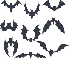 bat halloween set cartoon. haunted eerie, wings darkness, pumpkin witch bat halloween sign. isolated symbol vector illustration