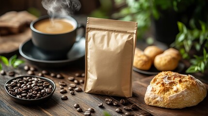 A cozy cafe scene featuring a natural brown coffee baggie packaging, a steaming mug of coffee, and freshly baked bread, placed on a rustic wooden table