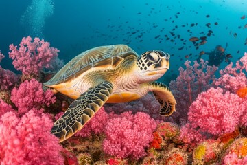 Obraz premium Sea Turtle Gracefully Swimming Among Vibrant Coral