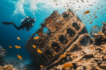Diver Exploring a Sunken Ship with a School of Fish