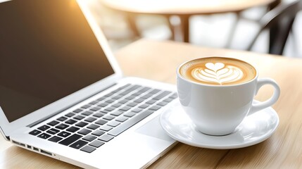 Flat design of a freelancer or remote worker sitting at a cafe or coworking space working on a laptop with a cup of coffee on the desk  Representing the modern flexible and productive work lifestyle