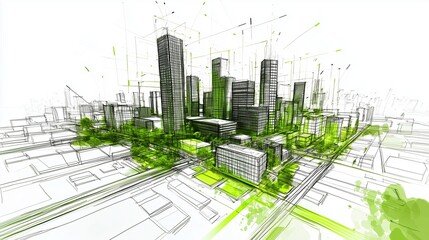 Green cityscape with skyscrapers and trees, symbolizing sustainable urban planning.