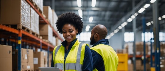 Black woman, portrait and tablet in warehouse for inspection, inventory check and stock management for web. Logistic, employee or supervisor with digital for shipping order, quality control and smile 