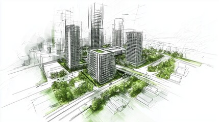 Architectural sketch of a green urban cityscape with skyscrapers and greenery, symbolizing sustainable urban planning.